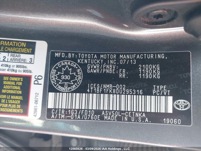 2013 Toyota Camry L/se/le/xle მანქანა იყიდება აუქციონზე, vin: 4T1BF1FK8DU295316, აუქციონის ნომერი: 12560826