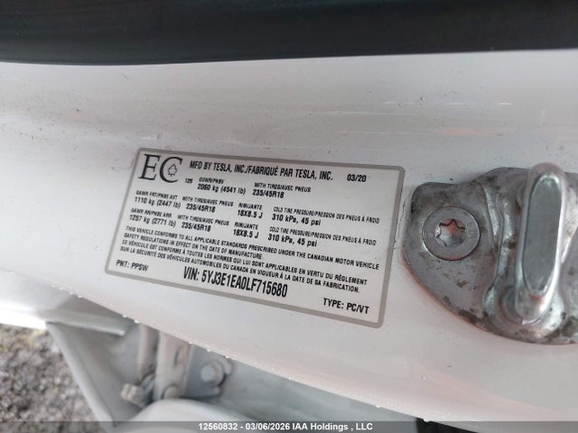 2020 Tesla Model 3 Standard Range Plus მანქანა იყიდება აუქციონზე, vin: 5YJ3E1EA0LF715680, აუქციონის ნომერი: 12560832