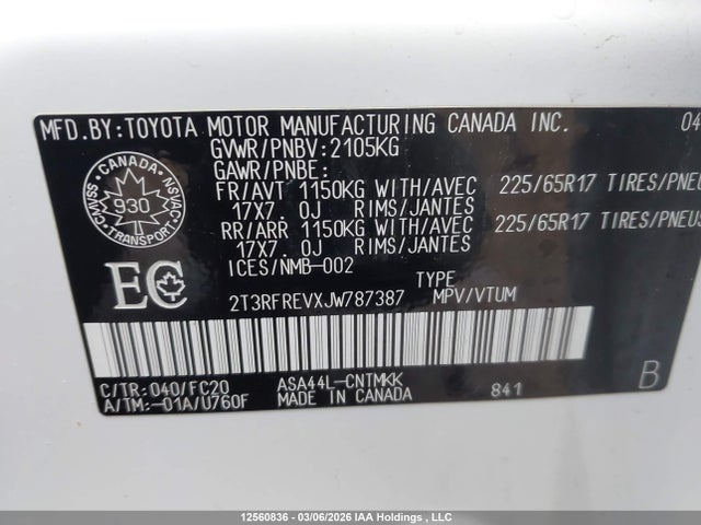 12560836 :رقم المزاد ، 2T3RFREVXJW787387 vin ، 2018 Toyota Rav4 Xle مزاد بيع