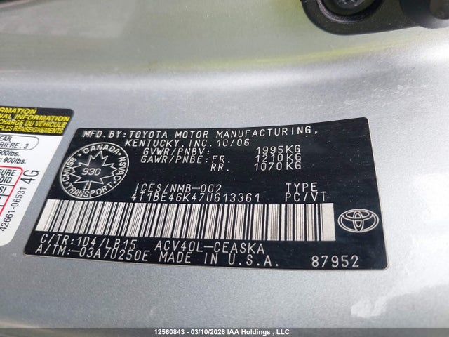 Aukcja sprzedaży 2007 Toyota Camry Le/se, vin: 4T1BE46K47U613361, numer aukcji: 12560843