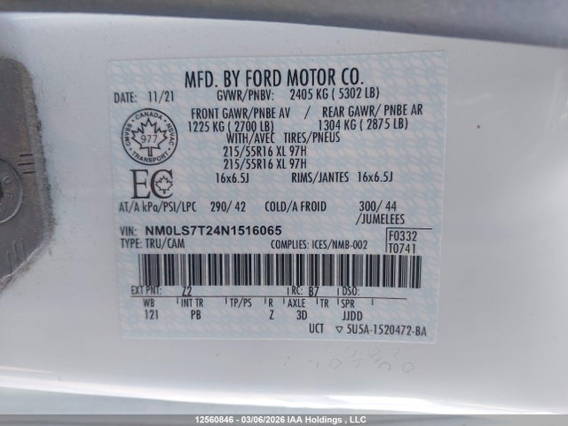 12560846 :رقم المزاد ، NM0LS7T24N1516065 vin ، 2022 Ford Transit Connect Xlt مزاد بيع