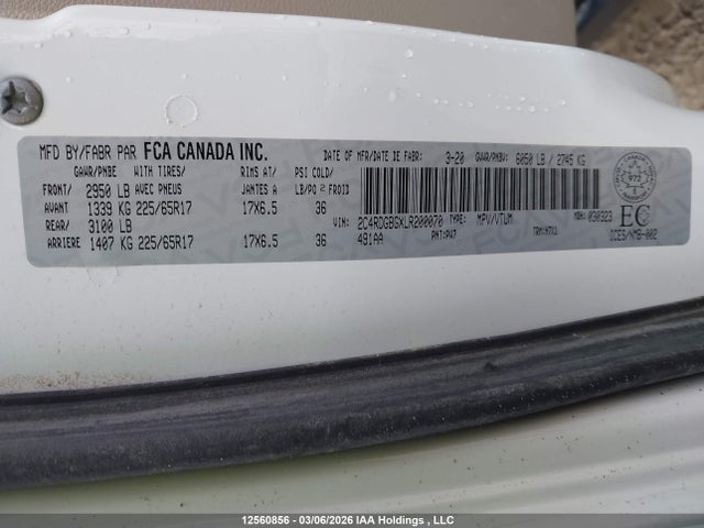 12560856 :رقم المزاد ، 2C4RDGBGXLR200070 vin ، 2020 Dodge Grand Caravan Se مزاد بيع