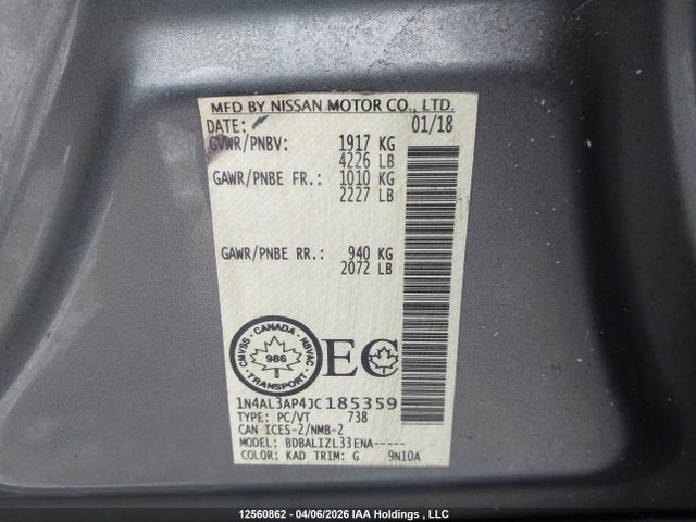2018 Nissan Altima მანქანა იყიდება აუქციონზე, vin: 1N4AL3AP4JC185359, აუქციონის ნომერი: 12560862