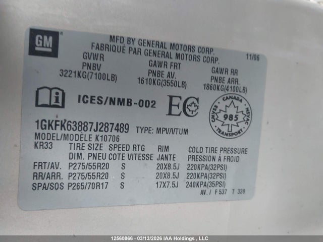 Продаж на аукціоні авто 2007 Gmc Yukon Denali Denali, vin: 1GKFK63887J287489, номер лоту: 12560866