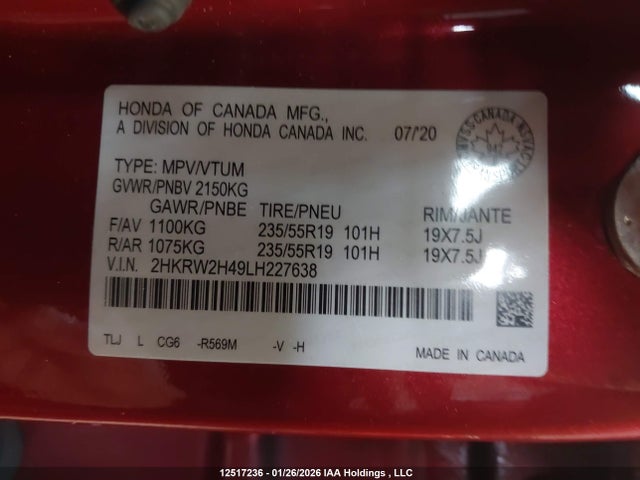 2HKRW2H49LH227638 Honda Cr-v Sport