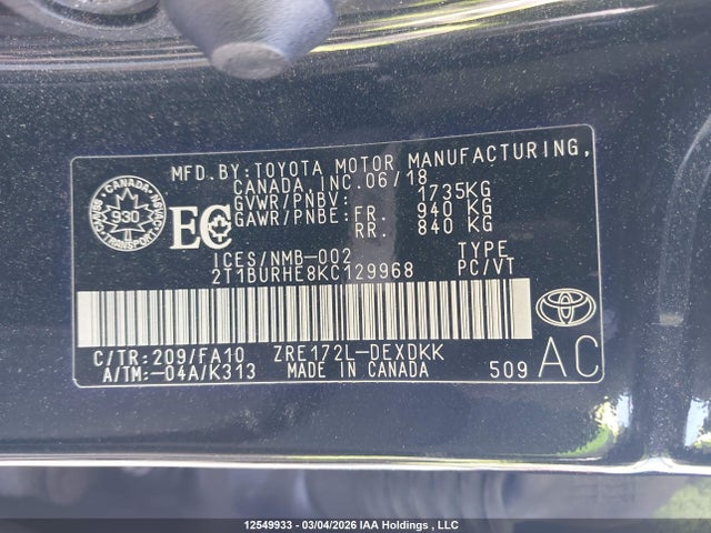 2T1BURHE8KC129968 Toyota COROLLA CE
