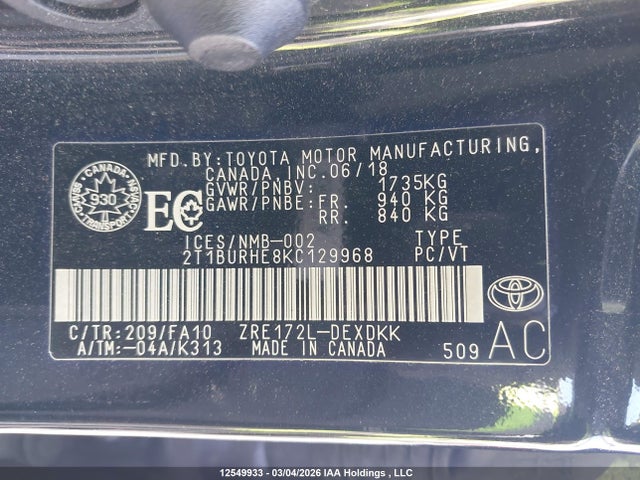 2T1BURHE8KC129968 Toyota COROLLA CE