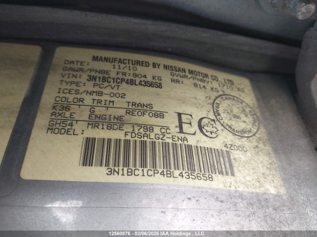Aukcja sprzedaży 2011 Nissan Versa, vin: 3N1BC1CP4BL435658, numer aukcji: 12560876