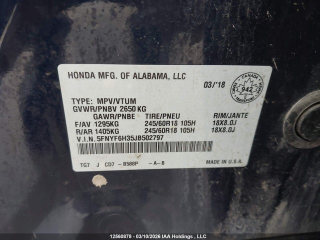 Aukcja sprzedaży 2018 Honda Pilot, vin: 5FNYF6H35JB502797, numer aukcji: 12560878