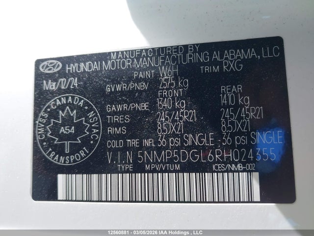 Продажа на аукционе авто 2024 Hyundai Santa Fe, vin: 5NMP5DGL6RH024355, номер лота: 12560881