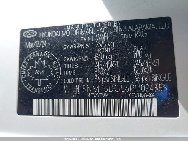 Продажа на аукционе авто 2024 Hyundai Santa Fe, vin: 5NMP5DGL6RH024355, номер лота: 12560881