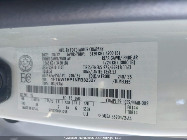 Продаж на аукціоні авто 2022 Ford F-150 Xl, vin: 1FTEW1EP1NFB82327, номер лоту: 12560890