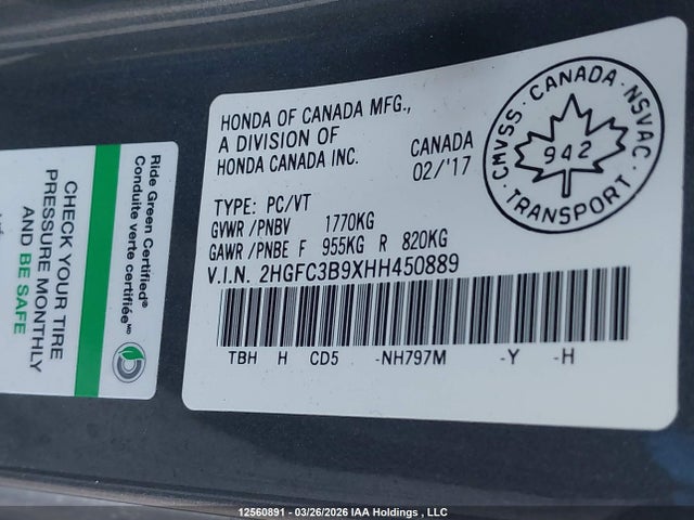 2HGFC3B9XHH450889 Honda Civic Touring
