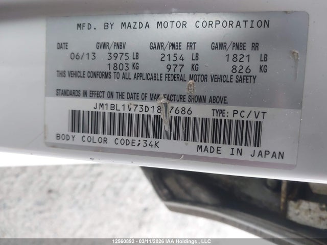 12560892 :رقم المزاد ، JM1BL1V73D1847686 vin ، 2013 Mazda Mazda3 Gs-sky مزاد بيع