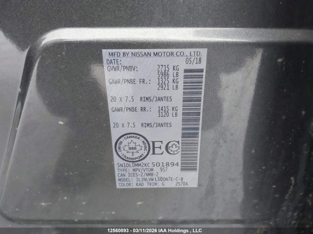 5N1DL0MM2KC501894 Infiniti Qx60 Luxe/pure