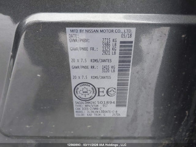 5N1DL0MM2KC501894 Infiniti Qx60 Luxe/pure