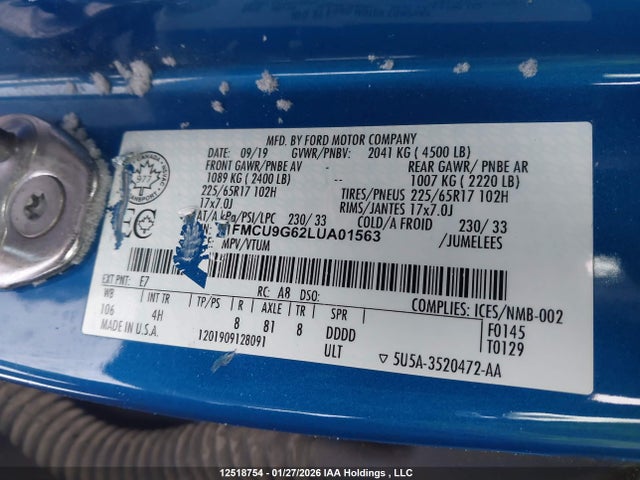 Продажа на аукционе авто 2020 Ford Escape Se, vin: 1FMCU9G62LUA01563, номер лота: 12518754