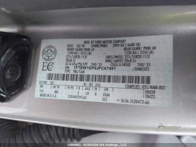 2018 Ford F150 Supercrew მანქანა იყიდება აუქციონზე, vin: 1FTEW1EP9JFC67491, აუქციონის ნომერი: 12560903
