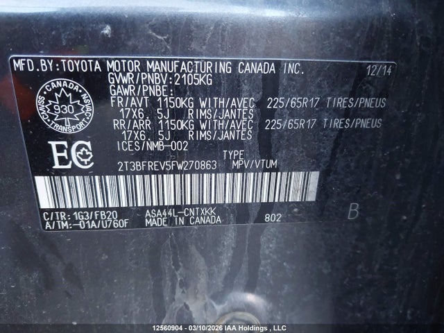 2015 Toyota Rav4 Le მანქანა იყიდება აუქციონზე, vin: 2T3BFREV5FW270863, აუქციონის ნომერი: 12560904