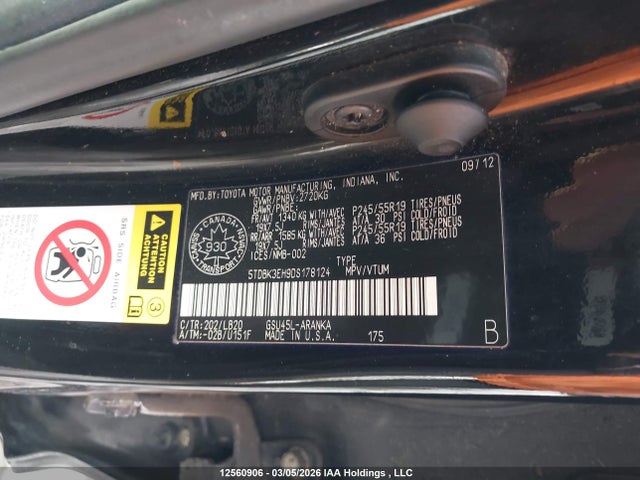 12560906 :رقم المزاد ، 5TDBK3EH9DS178124 vin ، 2013 Toyota Highlander Plus/se مزاد بيع