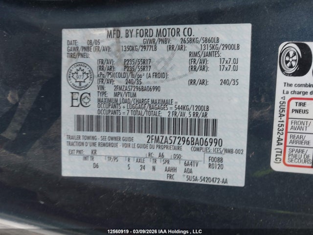 12560919 :رقم المزاد ، 2FMZA57296BA06990 vin ، 2006 Ford Freestar Sport مزاد بيع