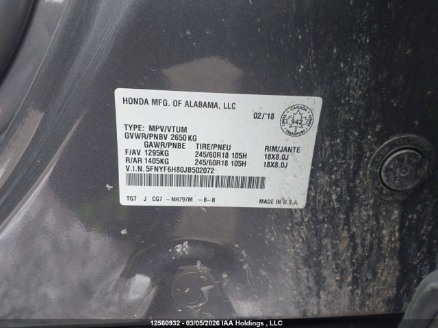 Honda Pilot Ex-l Res 2018 5FNYF6H80JB502072 Image 9