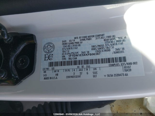 2019 Ford F-150 Lariat მანქანა იყიდება აუქციონზე, vin: 1FTEW1E5XKFB06387, აუქციონის ნომერი: 12560940