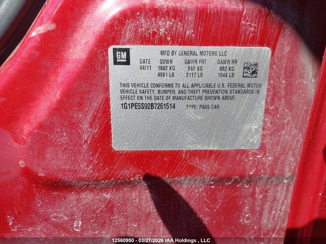 2011 Chevrolet Cruze Lt მანქანა იყიდება აუქციონზე, vin: 1G1PE5S92B7261514, აუქციონის ნომერი: 12560950