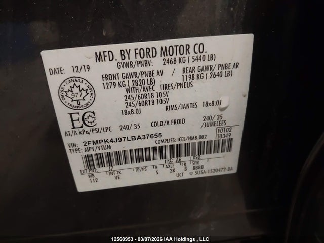 Aukcja sprzedaży 2020 Ford Edge Sel, vin: 2FMPK4J97LBA37655, numer aukcji: 12560953