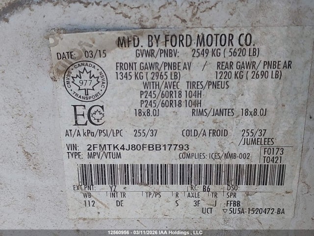 Aukcja sprzedaży 2015 Ford Edge Sel, vin: 2FMTK4J80FBB17793, numer aukcji: 12560956