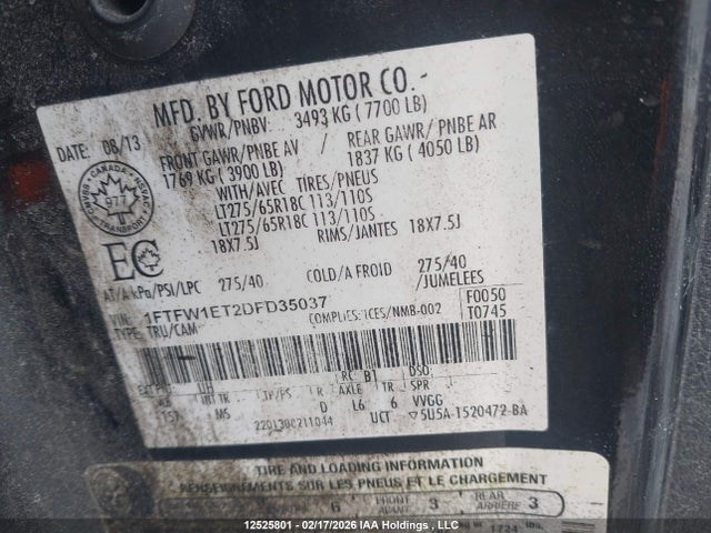 12525801 :رقم المزاد ، 1FTFW1ET2DFD35037 vin ، 2013 Ford F-150 Xlt مزاد بيع