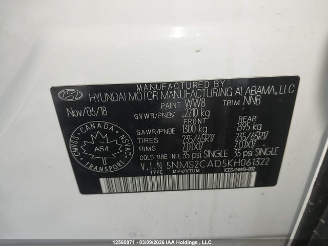 Продажа на аукционе авто 2019 Hyundai Santa Fe, vin: 5NMS2CAD5KH061322, номер лота: 12560971