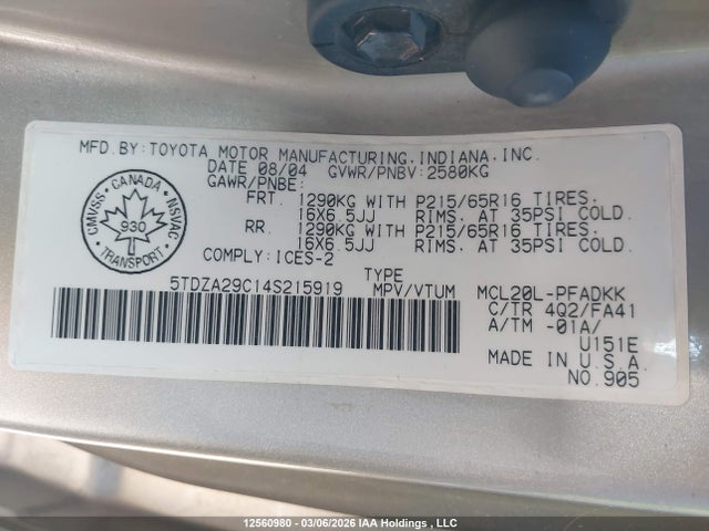 2004 Toyota Sienna Ce მანქანა იყიდება აუქციონზე, vin: 5TDZA29C14S215919, აუქციონის ნომერი: 12560980