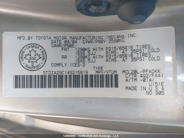 2004 Toyota Sienna Ce მანქანა იყიდება აუქციონზე, vin: 5TDZA29C14S215919, აუქციონის ნომერი: 12560980
