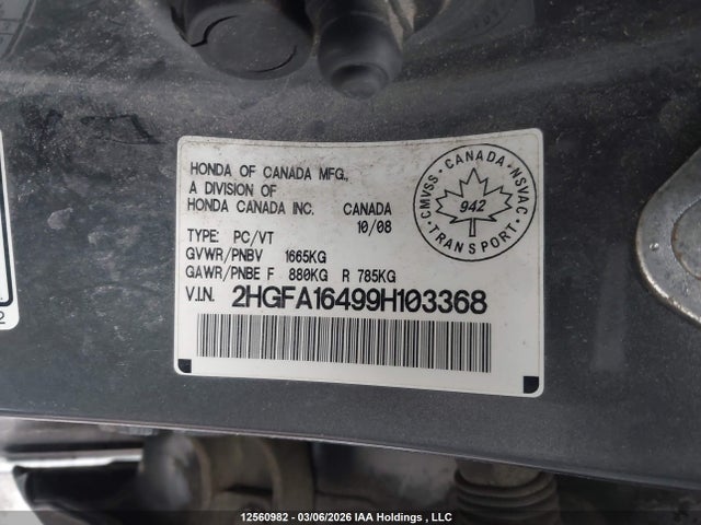 Aukcja sprzedaży 2009 Honda Civic, vin: 2HGFA16499H103368, numer aukcji: 12560982