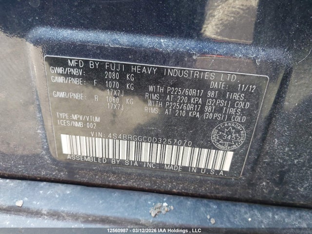 12560987 :رقم المزاد ، 4S4BRGGC0D3257070 vin ، 2013 Subaru Outback 2.5i Premium مزاد بيع