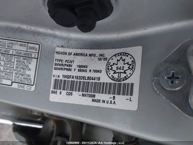 Продаж на аукціоні авто 2006 Honda Civic, vin: 1HGFA16326L804419, номер лоту: 12560995