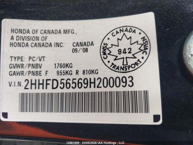 2009 Acura Csx მანქანა იყიდება აუქციონზე, vin: 2HHFD56569H200093, აუქციონის ნომერი: 12561009
