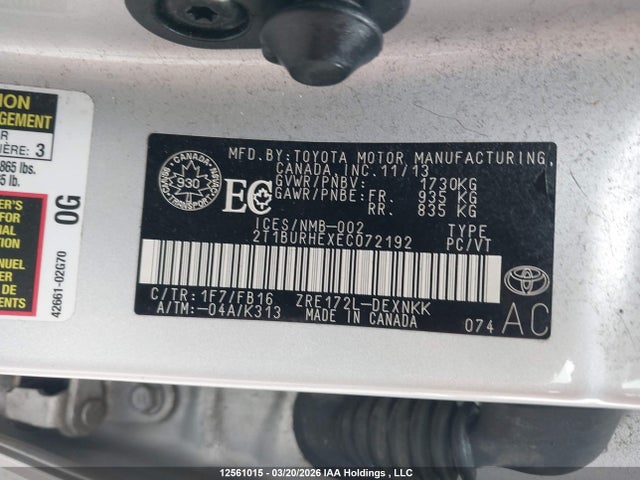 2014 Toyota Corolla L/le/le Pls/prm/s/s Pls მანქანა იყიდება აუქციონზე, vin: 2T1BURHEXEC072192, აუქციონის ნომერი: 12561015