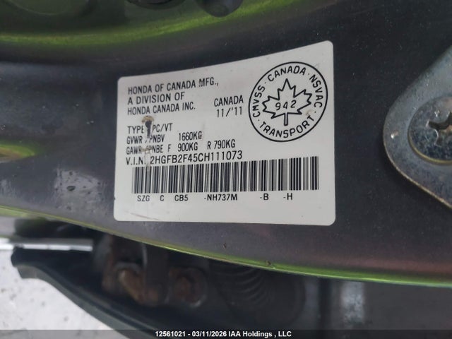 Auction sale of the 2012 Honda Civic Lx, vin: 2HGFB2F45CH111073, lot number: 12561021