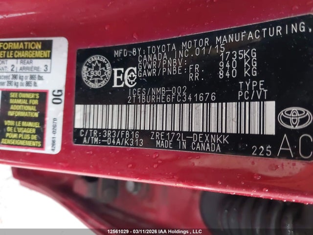 12561029 :رقم المزاد ، 2T1BURHE5FC341676 vin ، 2015 Toyota Corolla L/le/le Pls/prm/s/s Pls مزاد بيع
