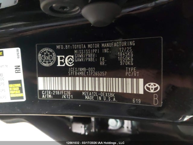 Aukcja sprzedaży 2026 Toyota Corolla Se/xse, vin: 5YFB4MBE1TP265257, numer aukcji: 12561032