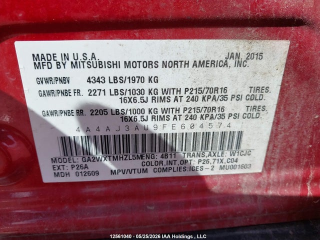 2015 Mitsubishi Rvr Se მანქანა იყიდება აუქციონზე, vin: 4A4AJ3AU9FE604574, აუქციონის ნომერი: 12561040