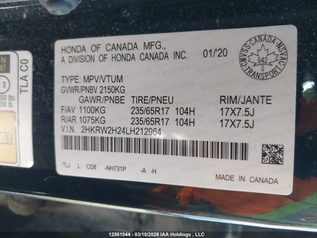 12561044 :رقم المزاد ، 2HKRW2H24LH212964 vin ، 2020 Honda Cr-v Lx مزاد بيع