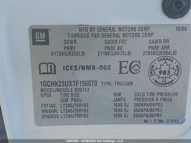 12561052 :رقم المزاد ، 1GCHK23UX7F156870 vin ، 2007 Chevrolet Silverado 2500hd Ls/lt مزاد بيع