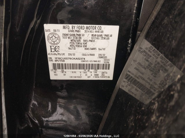 12561054 :رقم المزاد ، 1FMCU0D76CKA52374 vin ، 2012 Ford Escape Xlt مزاد بيع