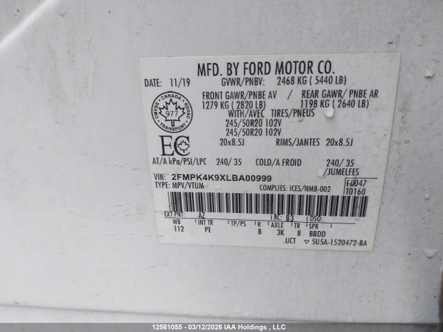 2FMPK4K9XLBA00999 Ford Edge Titanium