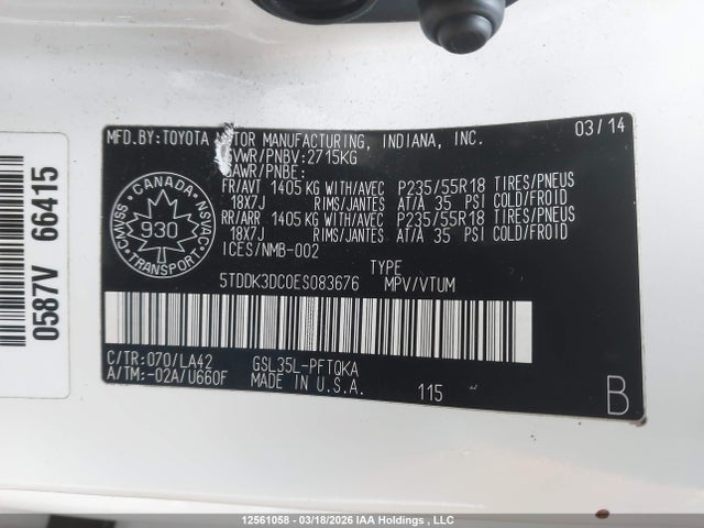 5TDDK3DC0ES083676 Toyota Sienna Xle 7 Passenger