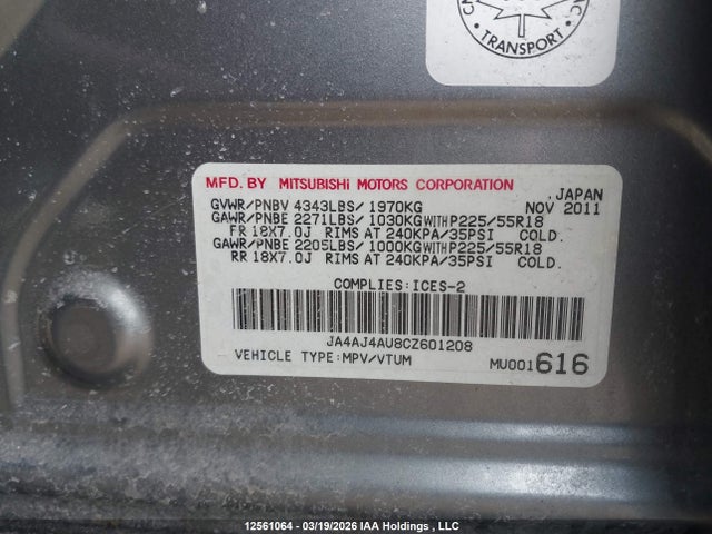 Aukcja sprzedaży 2012 Mitsubishi Rvr Gt, vin: JA4AJ4AU8CZ601208, numer aukcji: 12561064