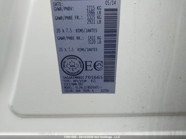 Aukcja sprzedaży 2014 Nissan Pathfinder Platinum/s/sl/sv, vin: 5N1AR2MM8EC705665, numer aukcji: 12561065